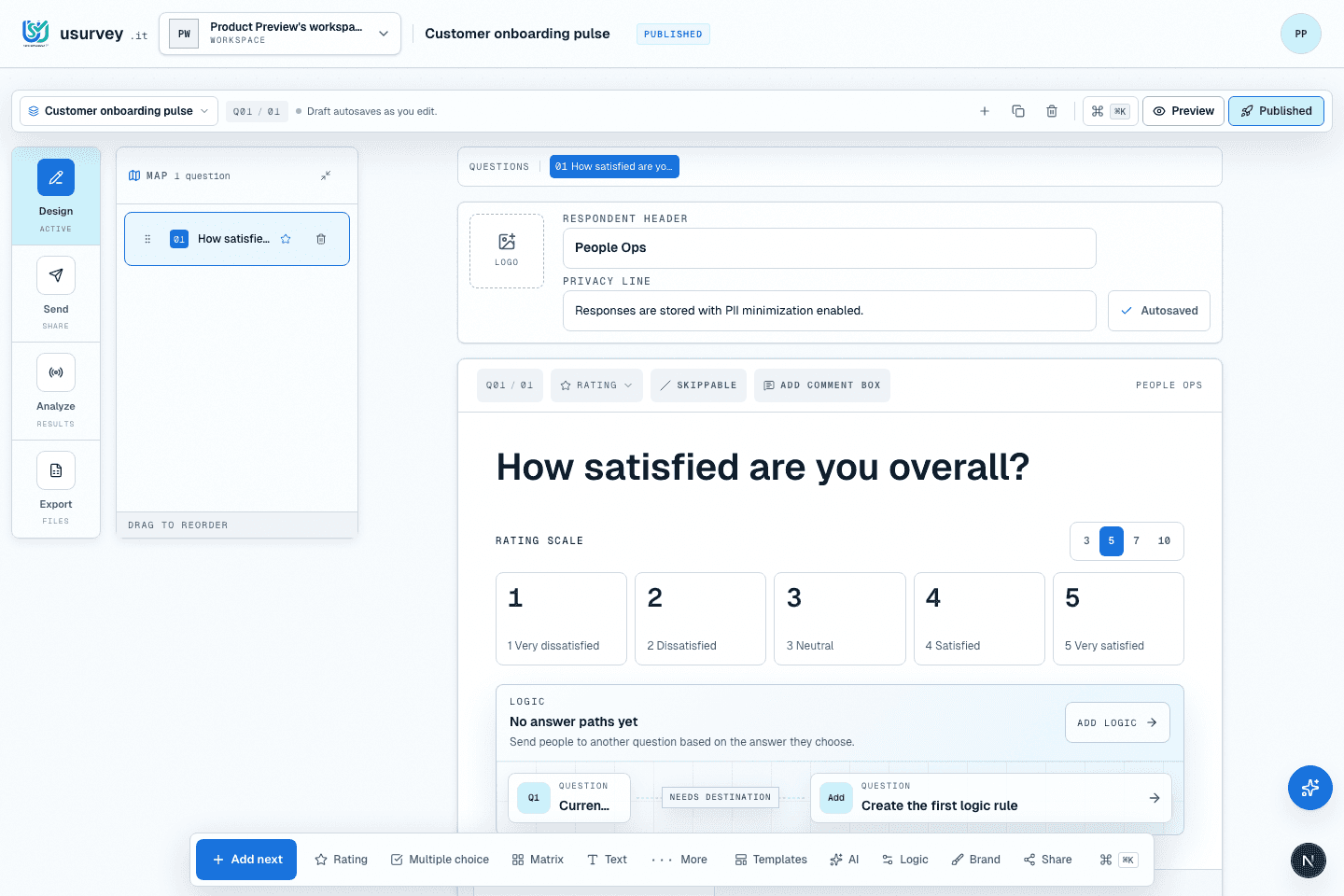 usurvey.it survey builder showing customer feedback questions, sharing controls, and workspace panels.